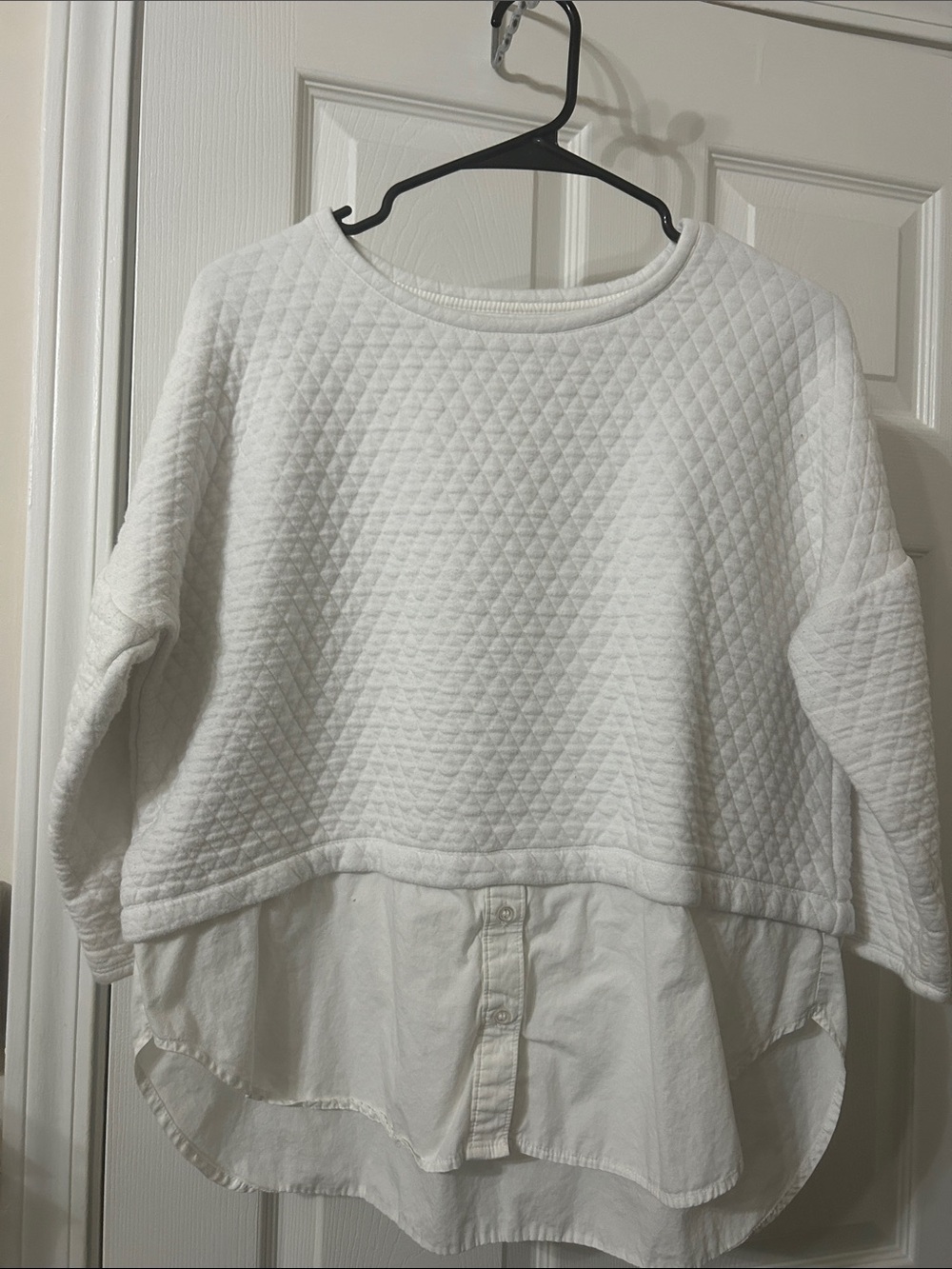 LOFT White Quilted Crewneck Sweater with Layered Shirt Hem